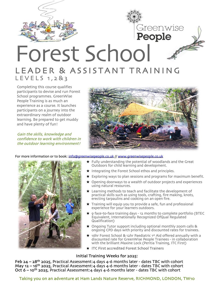 #ForestSchool #Leader &amp; #Assistant Training in #SWLondon for 2025 are ready &amp; bookings are open for all!
1st training starts 24th February 🌳

Join us &amp; help reconnect more children &amp; adults to nature &amp; to each other🌿

#FutureGenerations #Education #Conservation #Sustainability