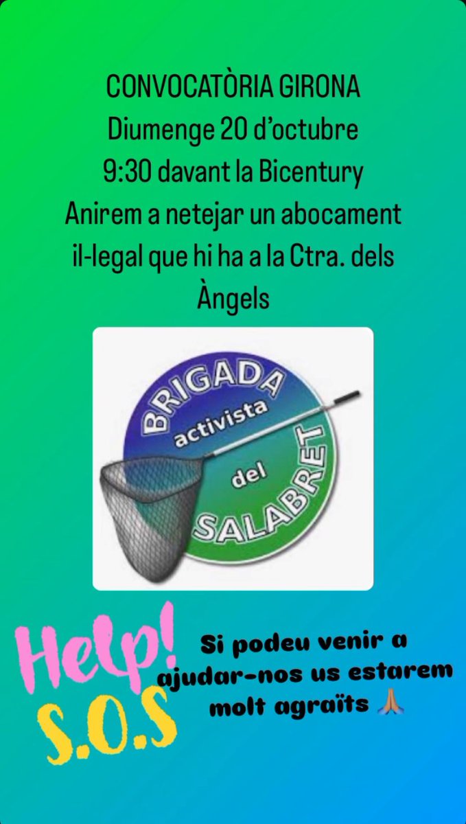 Diumenge volem anar als Àngels
Hi ha un abocador il-legal
Quants més siguem millor 🙏🏽🙏🏽🙏🏽

Vine a ajudar-nos 🙏🏽🙏🏽🙏🏽