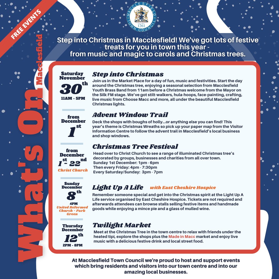 So what have we got coming up for Christmas then?
LOADS - as the poster says, everything from music and magic to carols and Christmas trees.🎤🪄🎼🎄

#MacclesfieldBetterTogether #StepIntoChristmas #SupportLocalMacc #KeepItMacc