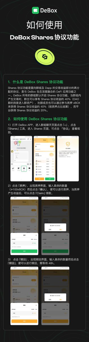 DeBox_CN's tweet photo. Shares 协议更新，现已开放所有群组及开放 DAPP 集成🚀🚀🚀 https://t.co/Z5RsPSPqFV