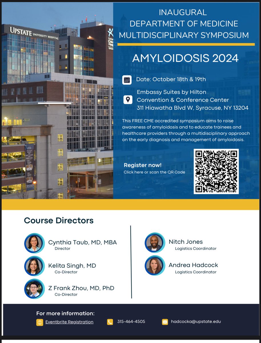 SUNY Upstate Cardiology Fellowship (@upstatecardiol1) on Twitter photo 🫵 Don’t forget to register for the breathtaking inaugural symposium on Amyloidosis this weekend! Get a chance to network with the experts in the field! 🔬🫀
<a href="/CynthiaTaub/">Cynthia Taub</a> <a href="/thara_sofia/">Thara S. Ali, MD</a> <a href="/Syedarqum1/">Syed A Huda</a> <a href="/PhilipChebayaMD/">Philip Chebaya</a> <a href="/ashwath_ashwini/">Ashwini K Ashwath</a> <a href="/AndersonPrimus1/">Anderson Primus</a> <a href="/RonakBharucha/">Ronak Bharucha, DO</a> <a href="/UpstateNews/">Upstate Medical University</a> 🫵 Don’t forget to register for the breathtaking inaugural symposium on Amyloidosis this weekend! Get a chance to network with the experts in the field! 🔬🫀
<a href="/CynthiaTaub/">Cynthia Taub</a> <a href="/thara_sofia/">Thara S. Ali, MD</a> <a href="/Syedarqum1/">Syed A Huda</a> <a href="/PhilipChebayaMD/">Philip Chebaya</a> <a href="/ashwath_ashwini/">Ashwini K Ashwath</a> <a href="/AndersonPrimus1/">Anderson Primus</a> <a href="/RonakBharucha/">Ronak Bharucha, DO</a> <a href="/UpstateNews/">Upstate Medical University</a>