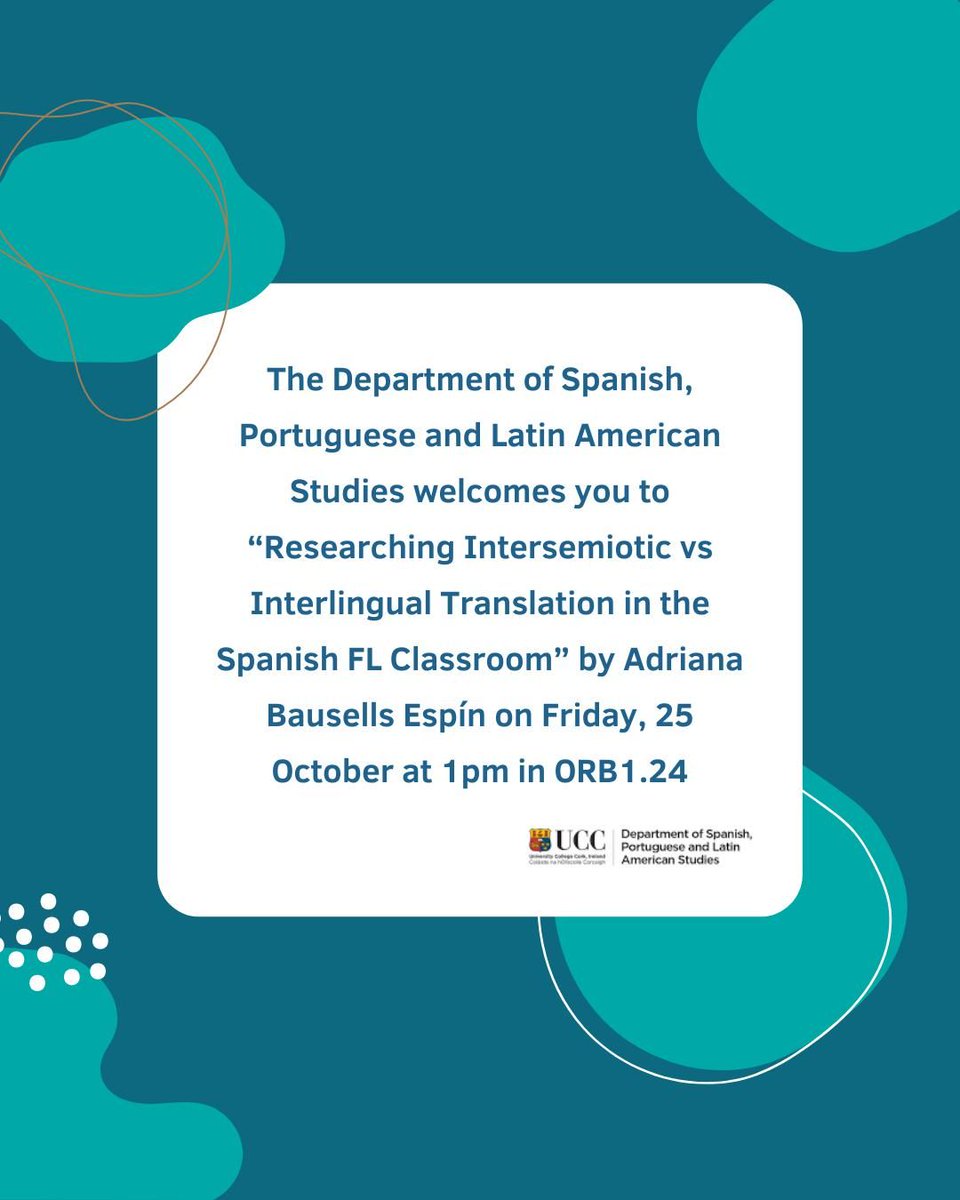 The Department of Spanish, Portuguese and Latin American Studies welcomes you to “Researching Intersemiotic vs Interlingual Translation in the Spanish FL Classroom” by Adriana Bausells Espín on 🗓️Friday, 25 October 🕒1pm 📍ORB1.24