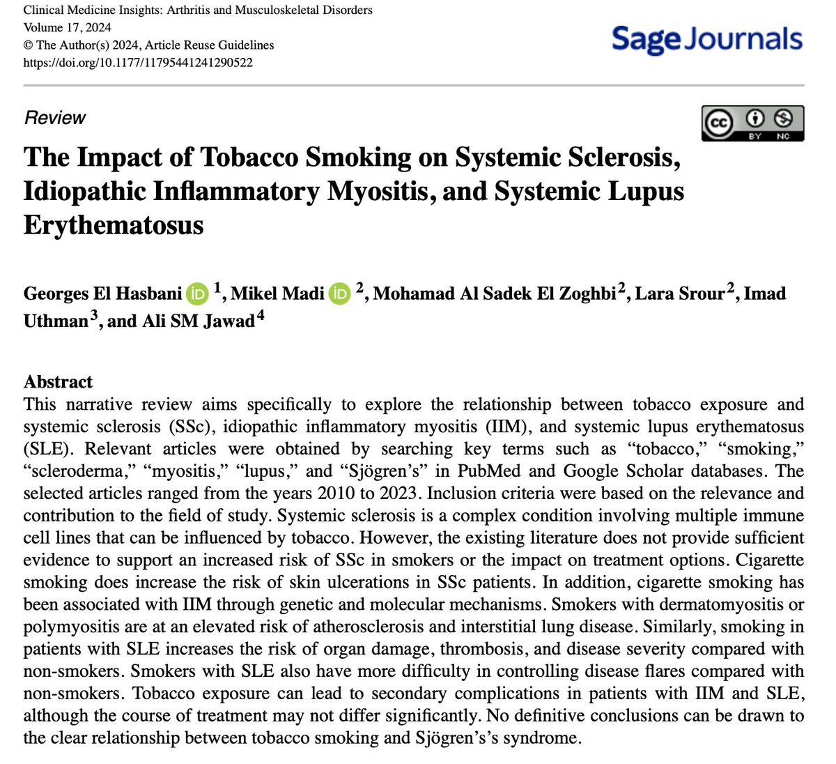 Excited to announce my latest publication!

This review investigates the effects of tobacco on autoimmune conditions such as Systemic Sclerosis, idiopathic inflammatory myositis, and SLE.

Key insights reveal increased complications for smokers.

journals.sagepub.com/doi/full/10.11…