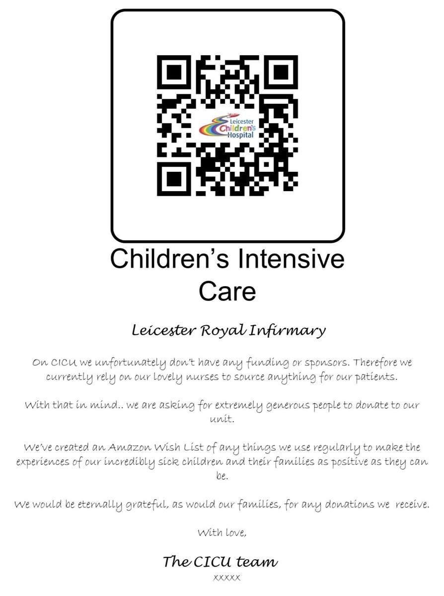 Our lovely nurses on CICU are working hard to find ways to make the experiences of an admission to intensive care as positive as possible for our children and their families. 

If you’d like to donate anything big or small please follow the link: 

amazon.co.uk/hz/wishlist/ls…