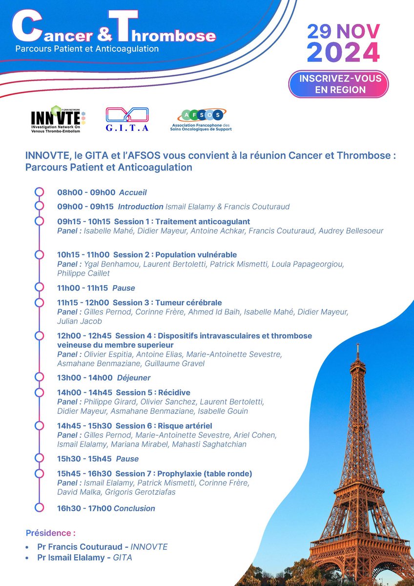 Rencontres TUC GIHP GACI (@rtggcongres) on Twitter photo Journée Thrombose et cancer le 29 Nov. à Paris 15 organisée sous l égide de <a href="/INNOVTE1/">INNOVTE</a> @gita <a href="/AFSOS_officiel/">AFSOS</a>
Inscrivez vous 👇
jotform.com/form/242593743…
Un très beau programme autour des propositions <a href="/INNOVTE1/">INNOVTE</a> publiées en Janvier dernier dans ACVD
<a href="/isabellemahe1/">Mahé Isabelle</a> <a href="/LaurentBertole1/">Laurent Bertoletti</a> Journée Thrombose et cancer le 29 Nov. à Paris 15 organisée sous l égide de <a href="/INNOVTE1/">INNOVTE</a> @gita <a href="/AFSOS_officiel/">AFSOS</a>
Inscrivez vous 👇
jotform.com/form/242593743…
Un très beau programme autour des propositions <a href="/INNOVTE1/">INNOVTE</a> publiées en Janvier dernier dans ACVD
<a href="/isabellemahe1/">Mahé Isabelle</a> <a href="/LaurentBertole1/">Laurent Bertoletti</a>