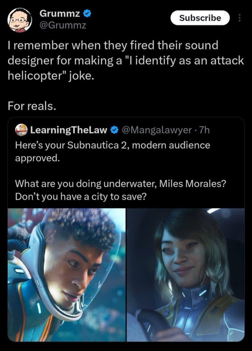 MischiefsYT's tweet photo. Anti-woke grifters constantly complain about "tourist gamers" and yet they consistently prove themselves to be the actual tourists. These people don't play games, they just want to farm you for money.

"Diverse" characters are nothing new to Subnautica https://t.co/ziNYfkpkHX