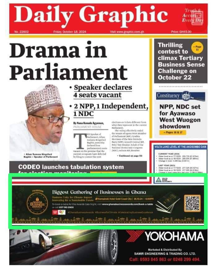 Check the front page of the Daily Graphic for details of the 7th Edition of the Ghana Business Awards. kindly book your tables via ghanabusinessawards.com/table-booking or call 0571900900