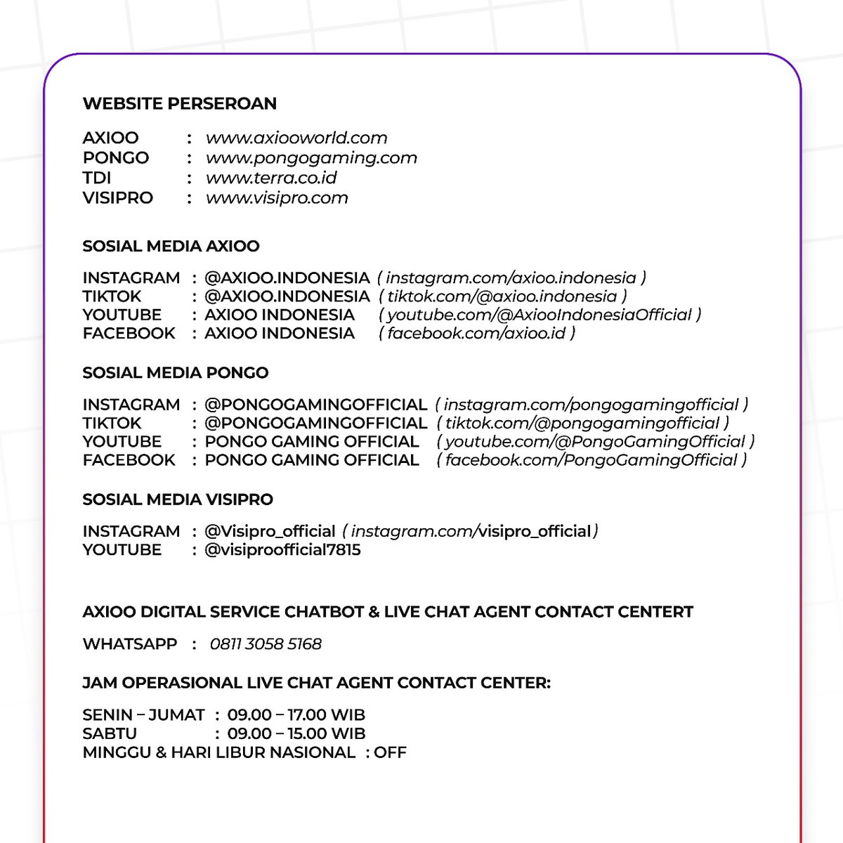 axioo_id's tweet image. Situs dan media sosial resmi Axioo hanya yang tertera di bawah ini

#AxiooIndonesia #AxiooXJKT48 #HYPECollaboration #AxiooHype #LaptopLifestyle #LaptopPelajar