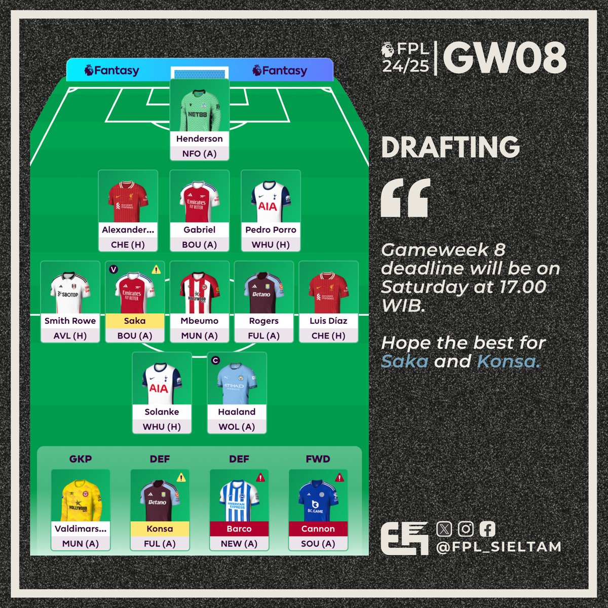 FPL_sieltam's tweet photo. 🗒️ Drafting - GW07
🔴 Keeping Saka in my starting XI despite a non-informative Arteta prescon, as usual.
#FPL
#FPL_sieltam
#FPLIndonesia
#FPLCommunity
#IndoPride https://t.co/CkURu5Obmn