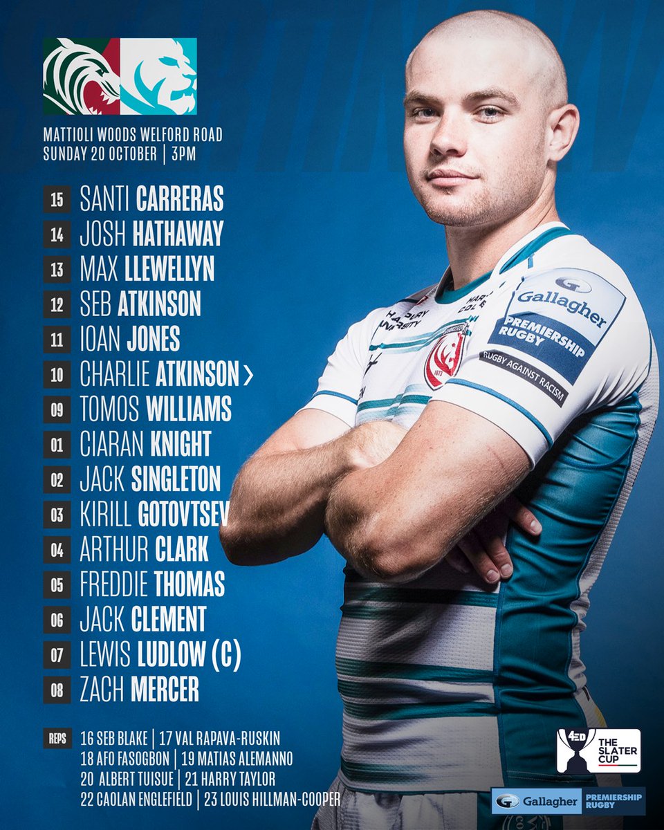 𝗧𝗛𝗘 𝗦𝗟𝗔𝗧𝗘𝗥 𝗖𝗨𝗣 🏆

Your Gloucester Rugby team to take on <a href="/LeicesterTigers/">Leicester Tigers</a> on Sunday afternoon. 👊

📺 <a href="/rugbyontnt/">Rugby on TNT Sports</a>

#LEIvGLO | 🐯🍒 | <a href="/premrugby/">PREM Rugby</a>