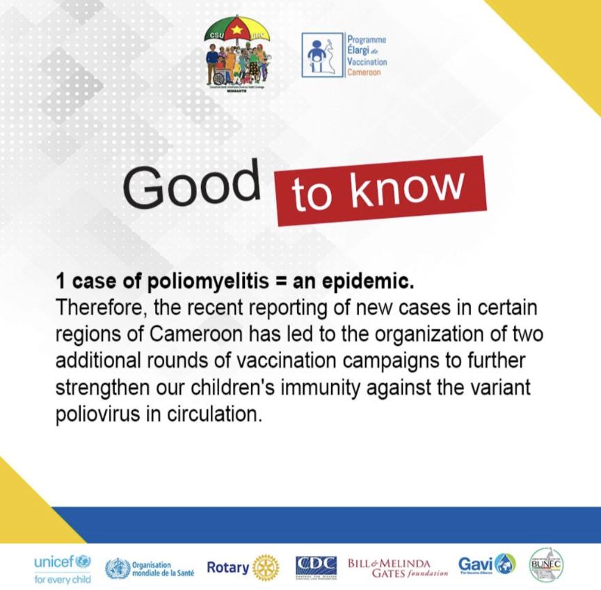 randolphwefuan1's tweet photo. One case of #polio is an epidemic.

6.7 million children aged 0 to 5 are the target of a #vaccination campaign in response to the type 2 variant poliovirus outbreak, scheduled from October 24 to 27, 2024 in #Cameroon. 

#24OutPolio237 #UNICEF #endpolio #PEV #EPI https://t.co/3HogIXhrDa