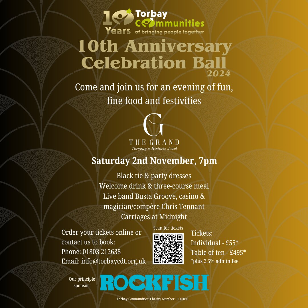 Torbay Communities (@torbaycdt) on Twitter photo Our tenth-anniversary ball is two weeks from tomorrow. Don't miss out on a fabulous evening - tickets are going fast!
Buy yours online today: torbaycommunities.com/tenth-annivers…
For any queries, please email info@torbaycdt.org.uk Our tenth-anniversary ball is two weeks from tomorrow. Don't miss out on a fabulous evening - tickets are going fast!
Buy yours online today: torbaycommunities.com/tenth-annivers…
For any queries, please email info@torbaycdt.org.uk