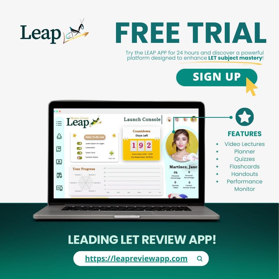 LeapReview's tweet image. Try the Leading LET Review App with a FREE 24-hour trial! 

No more limitations—study at your own pace, whenever and wherever you are! 🌍

#LETReview #FreeTrial #StudyAnywhere #FutureTeachers #freelet #letreview #FreeOnlineReview #studysmarter #BoardExam2025 #LETReviewer2025