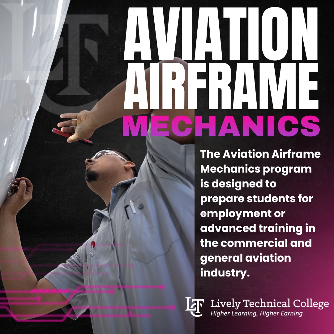 LivelyTechTally's tweet image. Take your career to new heights! Our Aviation Airframe Mechanics program prepares you to keep aircraft flying high with precision and skill. ✈️ 

⏭️ Learn more at livelytech.com/all-programs 

#HigherLearningHigherEarning #LivelyTech