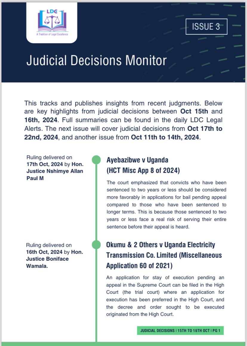LDC_Uganda's tweet photo. #LDCJDM : This tracks and publishes insights from recent judgments. Below
are key highlights from judicial decisions between Oct 15th and
16th, 2024. Full summaries can be found in the daily #LDCLegalAlerts.
Click on π for Full Details : https://t.co/Qyu6yCjC48 | #LDCUgCT https://t.co/4jMgB8On9O