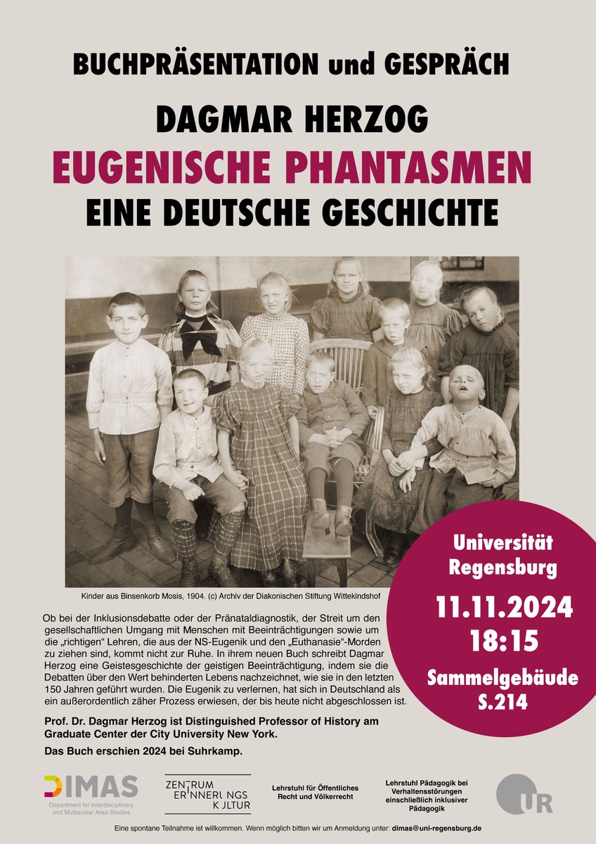 Excited that Dagmar Herzog of <a href="/CUNY/">The City University of New York</a> will be coming to <a href="/uni_regensburg/">Universität Regensburg</a> on November 11 to present her book 'Eugenische Phantasmen'. My department is organizing this in cooperation with Zentrum Erinnerungskultur and colleagues from Public/International Law and Inclusive Pedagogy