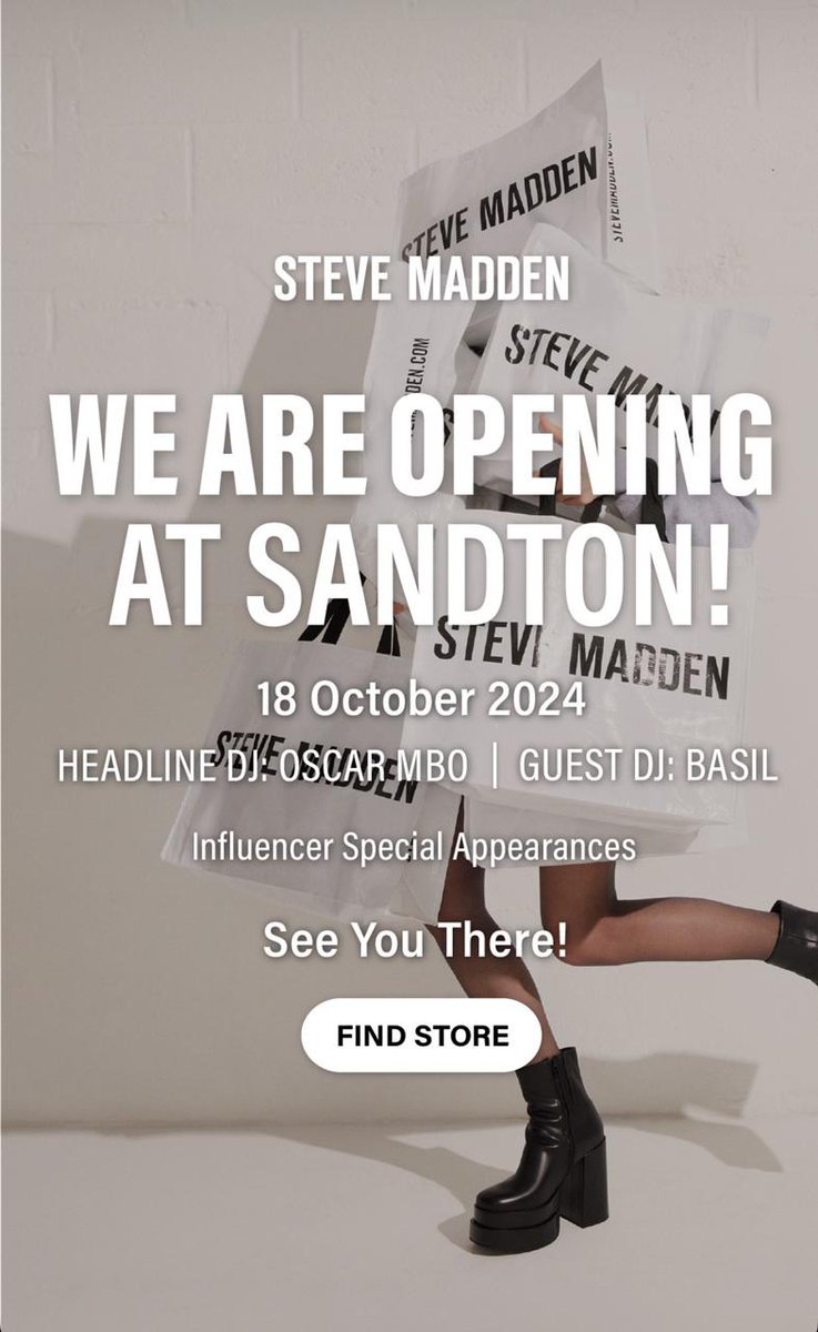 [EVENT]

<a href="/SteveMaddenSA/">Steve Madden SA</a> is opening a store in Sandton where fashion meets the rhythm 

<a href="/BSoulnshades/">Basil soulnshades</a> will be there alongside Oscar Mbo and appearances from influencers

#SteveMadden
#BasilSoulnShades
#MonateMedia