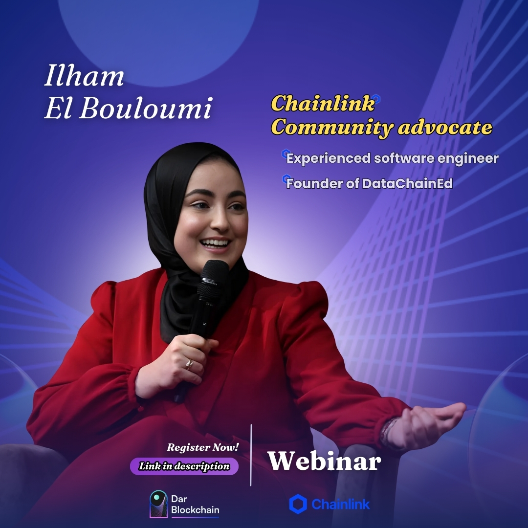 DarBlockchain's tweet photo. Get ready to meet Ilham El Bouloumi! 🌟

As a web3 enthusiast with 10+ years of experience in software industry, Ilham is the founder of DataChainEd.

She has a specific focus on tokenization and believes in the power of education and sharing knowledge

As a Chainlink Community Advocate, Ilham is set to drop some serious knowledge bombs at our upcoming webinar!

📅 Date: October 21, 2024 🕒 Time: 7:00 pm Paris / 6:00 pm Tunis 

🔗 Register Now: https://t.co/csVI5dQjHg

Don’t wait! Grab your spot and join us 🚀

#Blockchain #Chainlink #Webinar #TechInnovation #FreeEvent