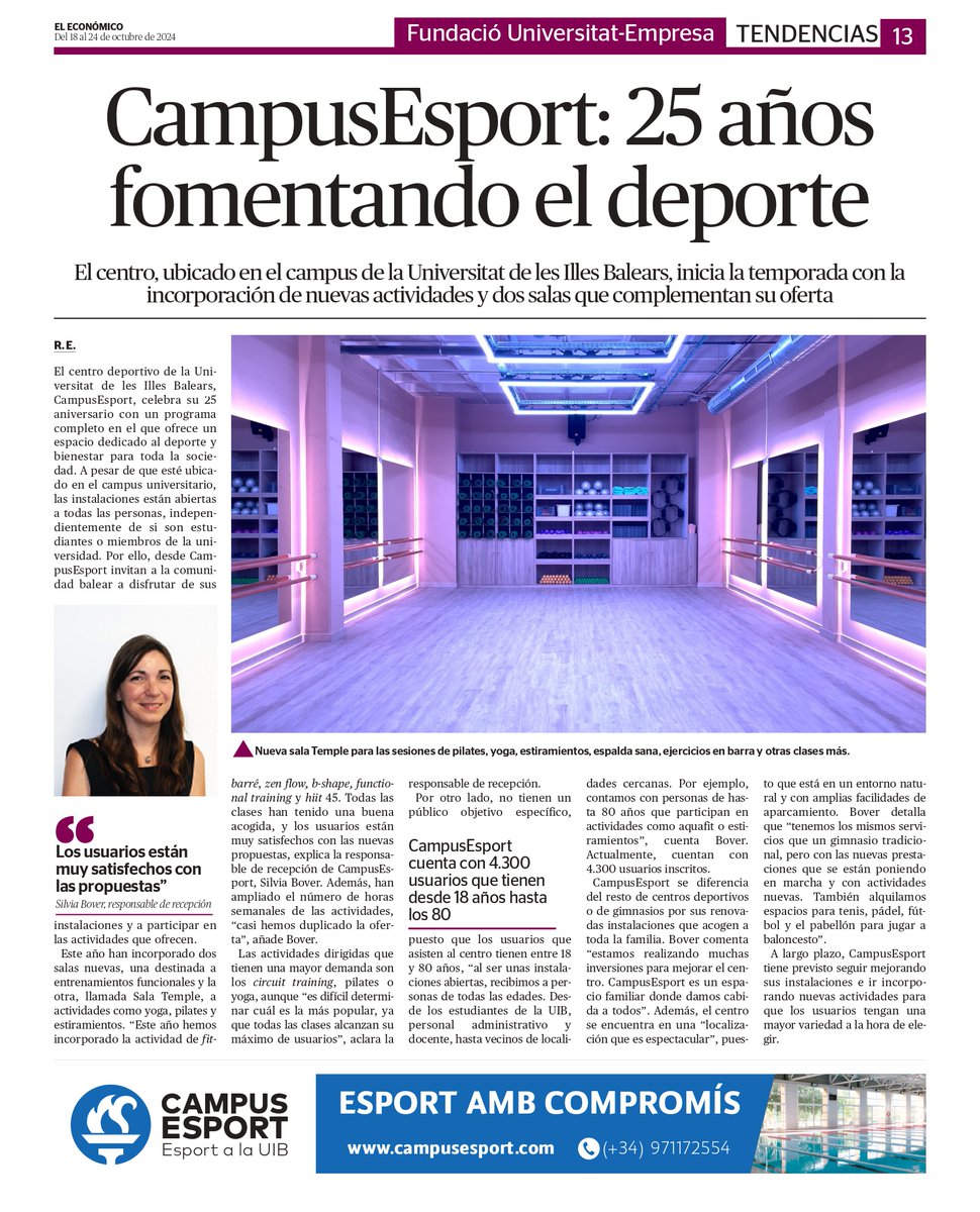 Sílvia Bover, responsable de recepció, explica tots els detalls sobre les noves activitats dirigides i la incorporació de dues sales al centre esportiu. Tot això ho trobaràs al nou reportatge d’ <a href="/ElEconomicoUH/">El Económico</a> 
👉 Llegeix l'article complet aquí: campusesport.com/archivo/223/fd…
#fueib