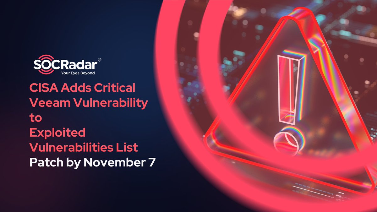 socradar's tweet image. 🚨 CISA has added CVE-2024-40711, a critical Veeam vulnerability exploited by ransomware groups, to its Known Exploited Vulnerabilities list. Federal agencies must patch by Nov. 7, 2024. Don&apos;t delay—secure your systems now! 🔐 #Cybersecurity #Ransomware #CISAKEV #PatchNow #Veeam…