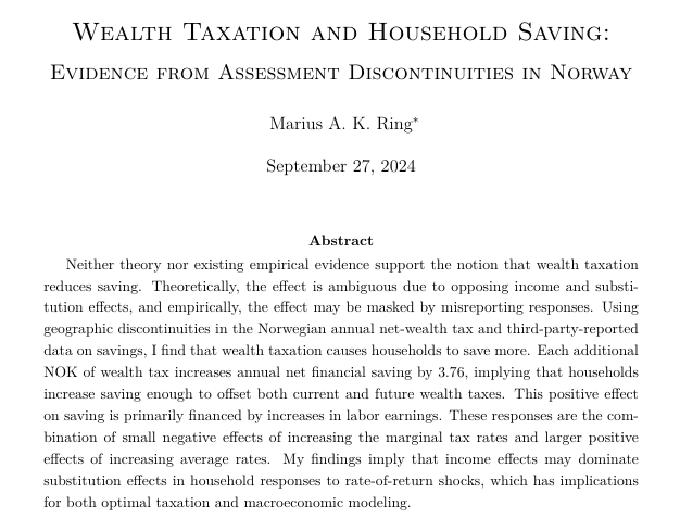 The Review of Economic Studies (@reveconstudies) on Twitter photo New paper from <a href="/mariusring/">Marius Ring</a> using Norwegian data shows that a tax on wealth may cause households to save *more*. 1/3
👇 New paper from <a href="/mariusring/">Marius Ring</a> using Norwegian data shows that a tax on wealth may cause households to save *more*. 1/3
👇