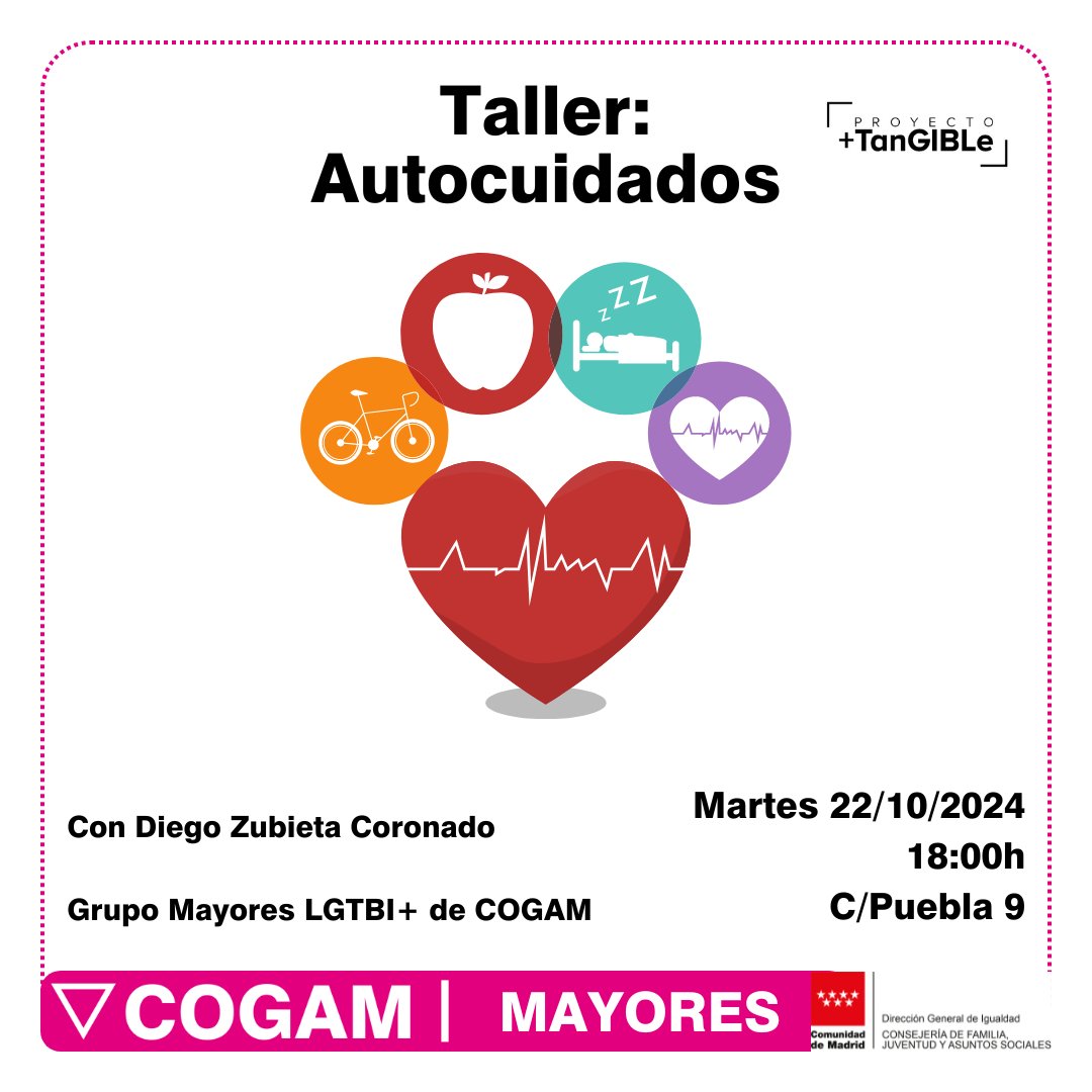 El próximo martes 22 de octubre te invitamos a nuestro Taller de Autocuidados con <a href="/easystrategiesc/">Easy Strategies and Consulting</a> en el Grupo de Mayores LGTBI+ a las 18h en <a href="/COGAM/">COGAM</a>.

Acceso libre hasta completar aforo

#autocuidados #mayores #lgtbi+