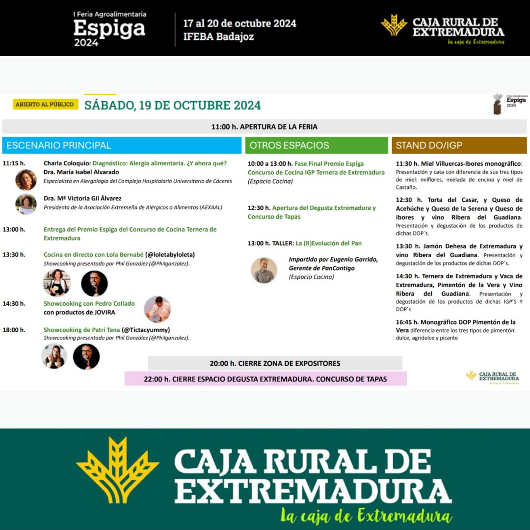 🌾🍴La agenda de hoy, sábado, en nuestra Feria Espiga

#FeriaEspiga #CajaRuraldeExtremadura #LaCajadeExtremadura #ACREX #DOPExtremadura