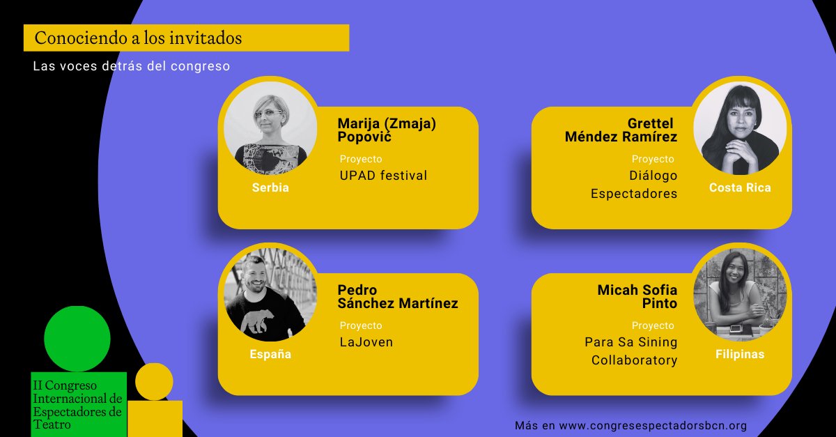 [ES] 🌟 Conociendo a las voces detrás del congreso 🌟

Continuamos presentando a quienes seleccionan los contenidos que se discutirán este noviembre:
- Marija (Zmaja) Popović
- Grettel Méndez Ramírez
- Pedro Sánchez Martínez
- Micah Sofia Pinto

#ToBeOrNotToBeSpectators