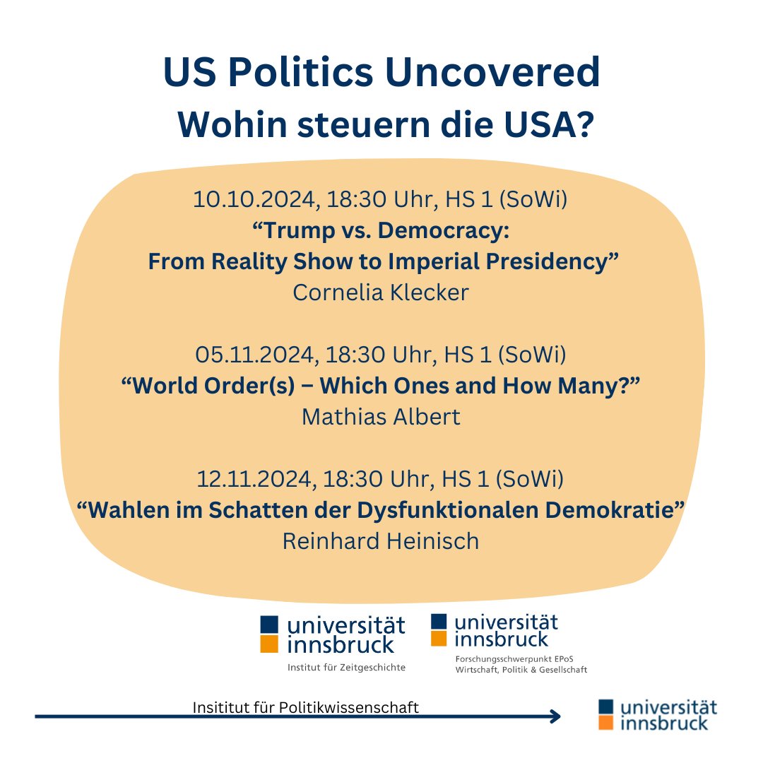 ⚠️Terminänderung⚠️
Bei  unserer Reihe zu den US-Wahlen gibt es eine kleine Terminänderung: Der  Vortrag von Prof. Heinisch wurde vom 22.10. auf den 12.11. verlegt! 

Hier seht ihr das aktuelle Programm 

➡️ Mehr Infos findet ihr unter dem Link in unserer Bio!