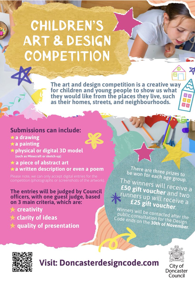 📣 Calling all children and young people 📣 Join our Art Competition for the  #DoncasterDesignCode A chance for them to show what they would like to see from the places they live 🏡🛣️🗺️🌳🏟️🛤️   #homes #streets #neighbourhoods