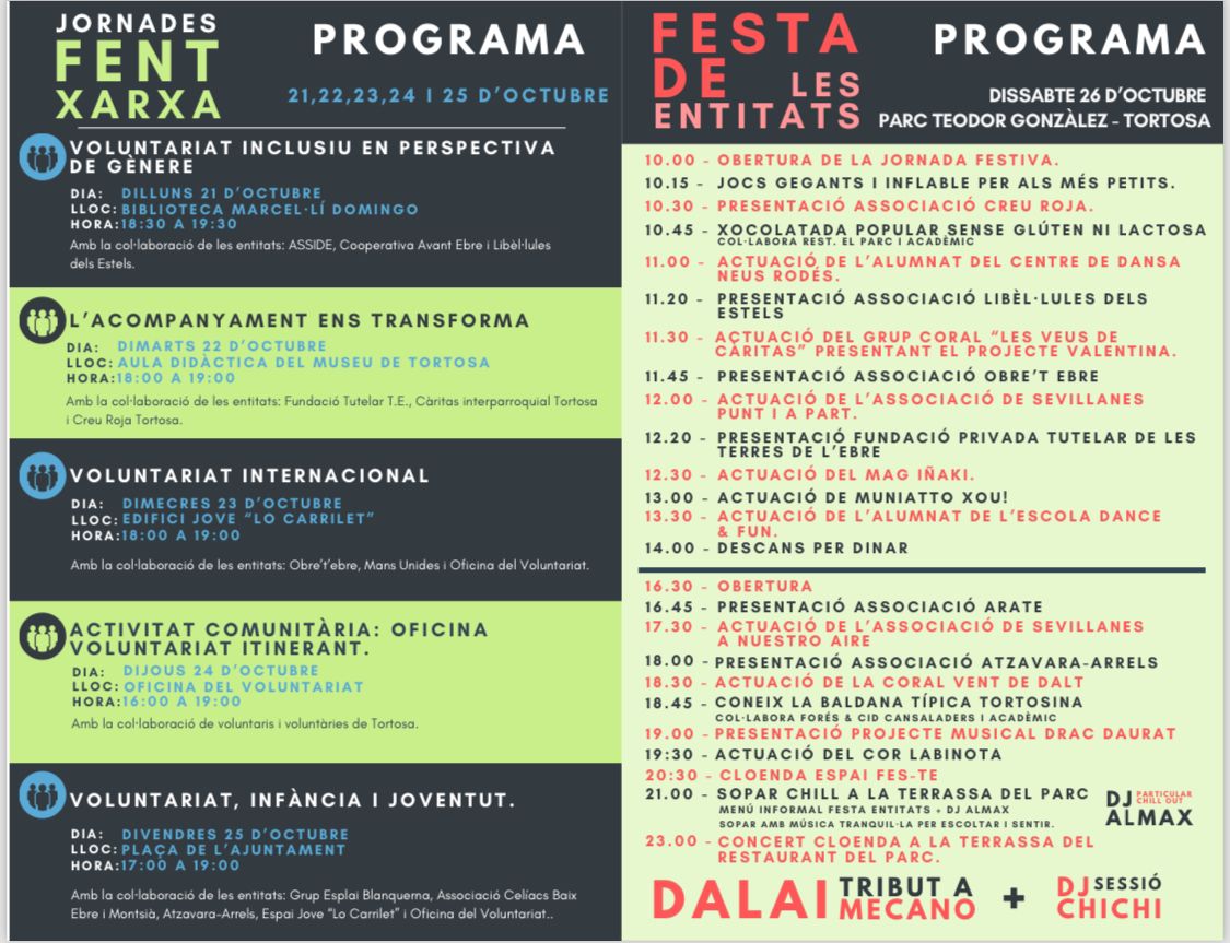 🎯𝗙𝗲𝘀𝘁𝗮 𝗱𝗲 𝗹𝗲𝘀 𝗘𝗻𝘁𝗶𝘁𝗮𝘁𝘀🎯 El 𝗱𝗶𝘀𝘀𝗮𝗯𝘁𝗲 𝟮𝟲 𝗱'𝗼𝗰𝘁𝘂𝗯𝗿𝗲 al parc municipal Teodor González! , i del 𝟮𝟭 𝗮𝗹 𝟮𝟱 𝗱'𝗼𝗰𝘁𝘂𝗯𝗿𝗲 s'oferiran xerrades i tallers per donar visibilitat a les entitats socials de Tortosa!