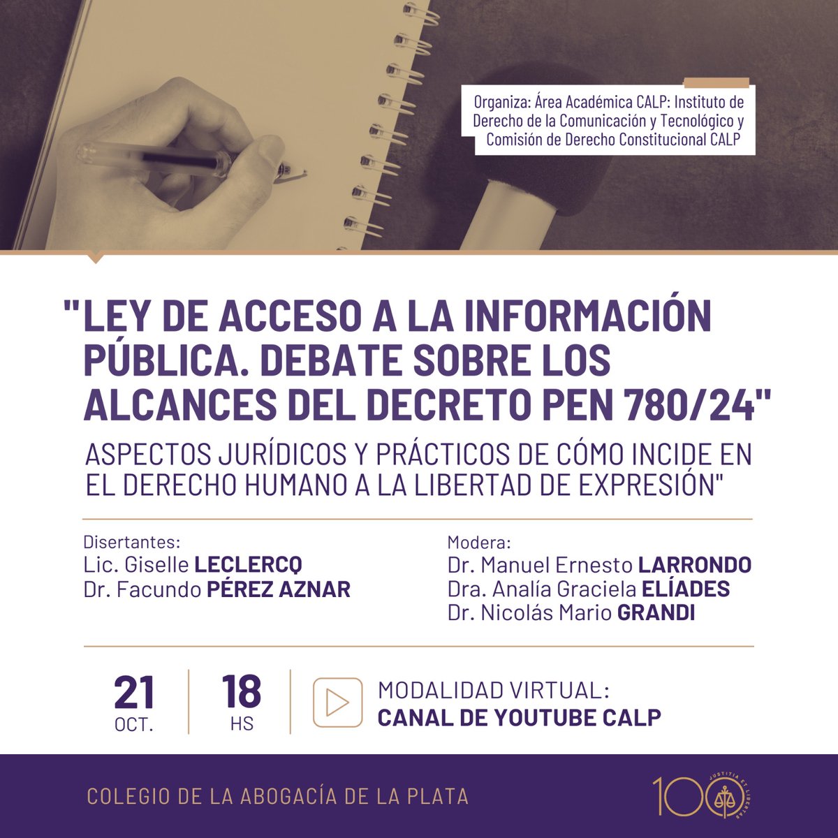 Los/las esperamos el próximo lunes 21/10 a las 18 hs vía YouTube de <a href="/calp_oficial/">Colegio de la Abogacía de La Plata</a> a este webinar en el que analizaremos el Decreto 780/24 -reglamenta Ley de Acceso a la #InformaciónPública- junto a <a href="/giselleleclercq/">Giselle Leclercq</a> y Facundo Pérez Aznar. #LibertadDeExpresion