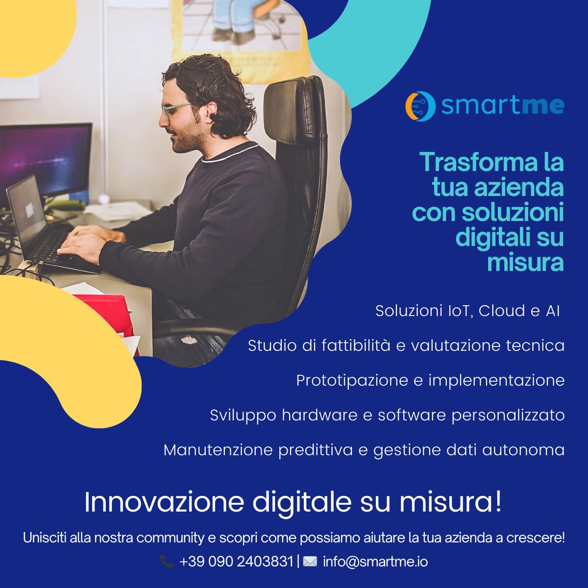 smartme_IO's tweet photo. 🚀 Porta la tua azienda al livello successivo con SmartMe!
Offriamo soluzioni su misura:
🔍 Studio di #fattibilità
🛠️ #Prototipazione e #implementazione
💻 Sviluppo #hardware e #software custom
🌐 Soluzioni #IoT, #Cloud e #AI
📊 #Manutenzionepredittiva e gestione dati autonoma. https://t.co/NzyVEUrDzy