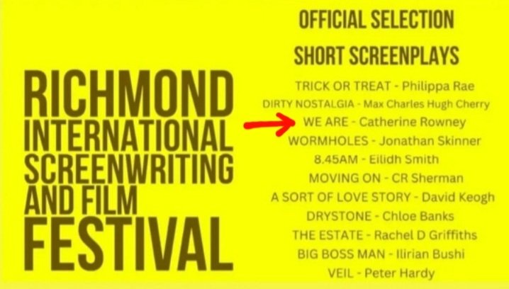 Further exciting news!! My short film script "WE ARE" has also been selected by <a href="/RichmondIntSF/">Richmond Int Screenwriting & Film Festival</a>  Thank you  😊 🥳 🙌🏼   

Submitted via <a href="/FilmFreeway/">FilmFreeway</a>
