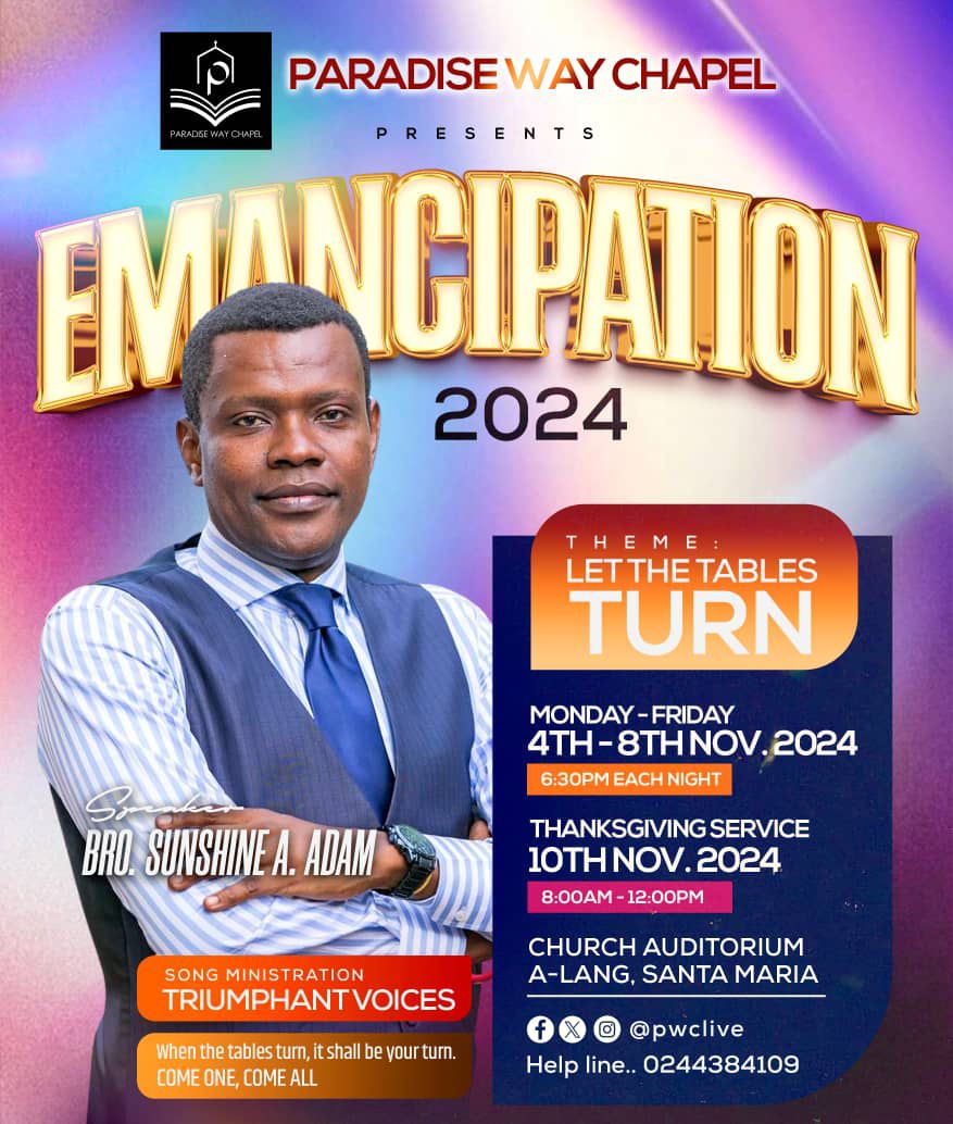 PWCLIVE's tweet photo. EMANCIPATION 2024🔥 
When the tables turn, it shall be your turn. COME ONE, COME ALL!! Let’s experience transformation together! 
📅 : Monday 4th – Friday 8th November 2024
🕡 : 6:30 PM each night
📍: Church Auditorium, A-Lang, Santa Maria
 Sunday: 10/10/2024🕖8:00 AM- 12:00PM https://t.co/D3QIVccmhe