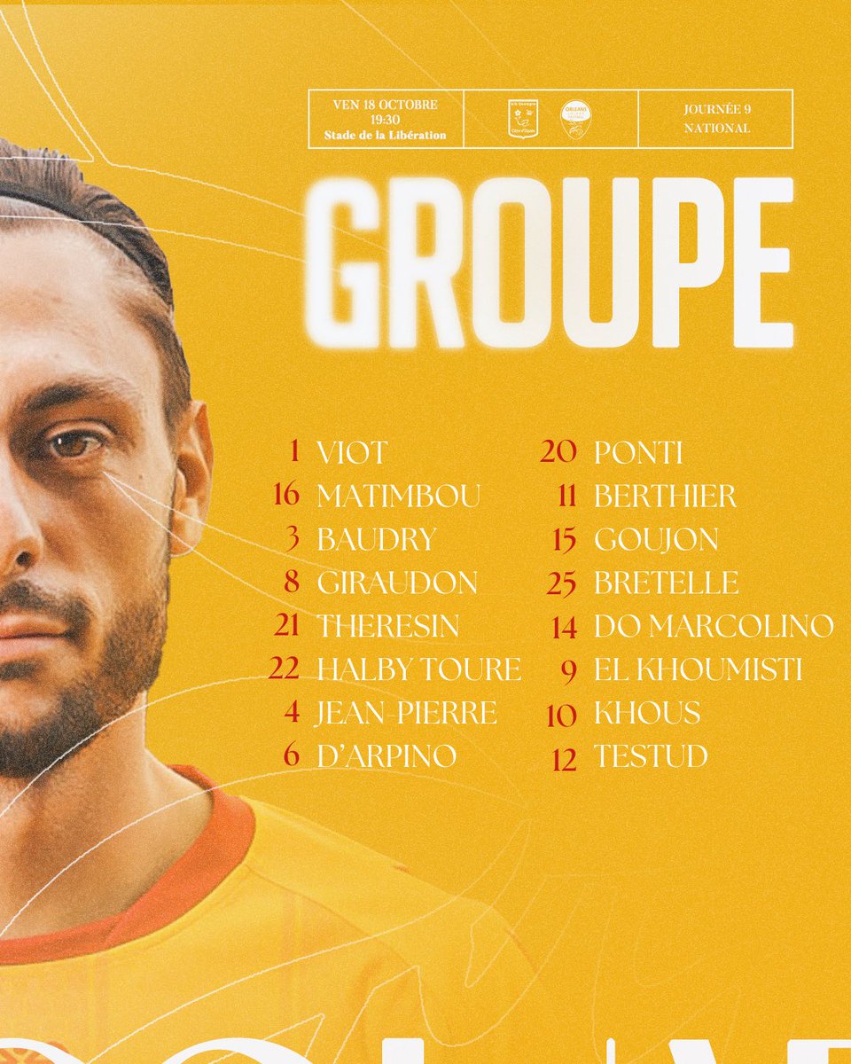 US_Orleans's tweet photo. 🐝 𝗟𝗲 𝗴𝗿𝗼𝘂𝗽𝗲 𝗨𝗦𝗢

Voici le groupe de joueurs convoqués par le coach Hervé Della Maggiore pour le match contre l’USBCO ce vendredi (19h30) au Stade de la Libération 

#TeamUSO 🔴🟡 #USBCOUSO https://t.co/PX95lvNEON