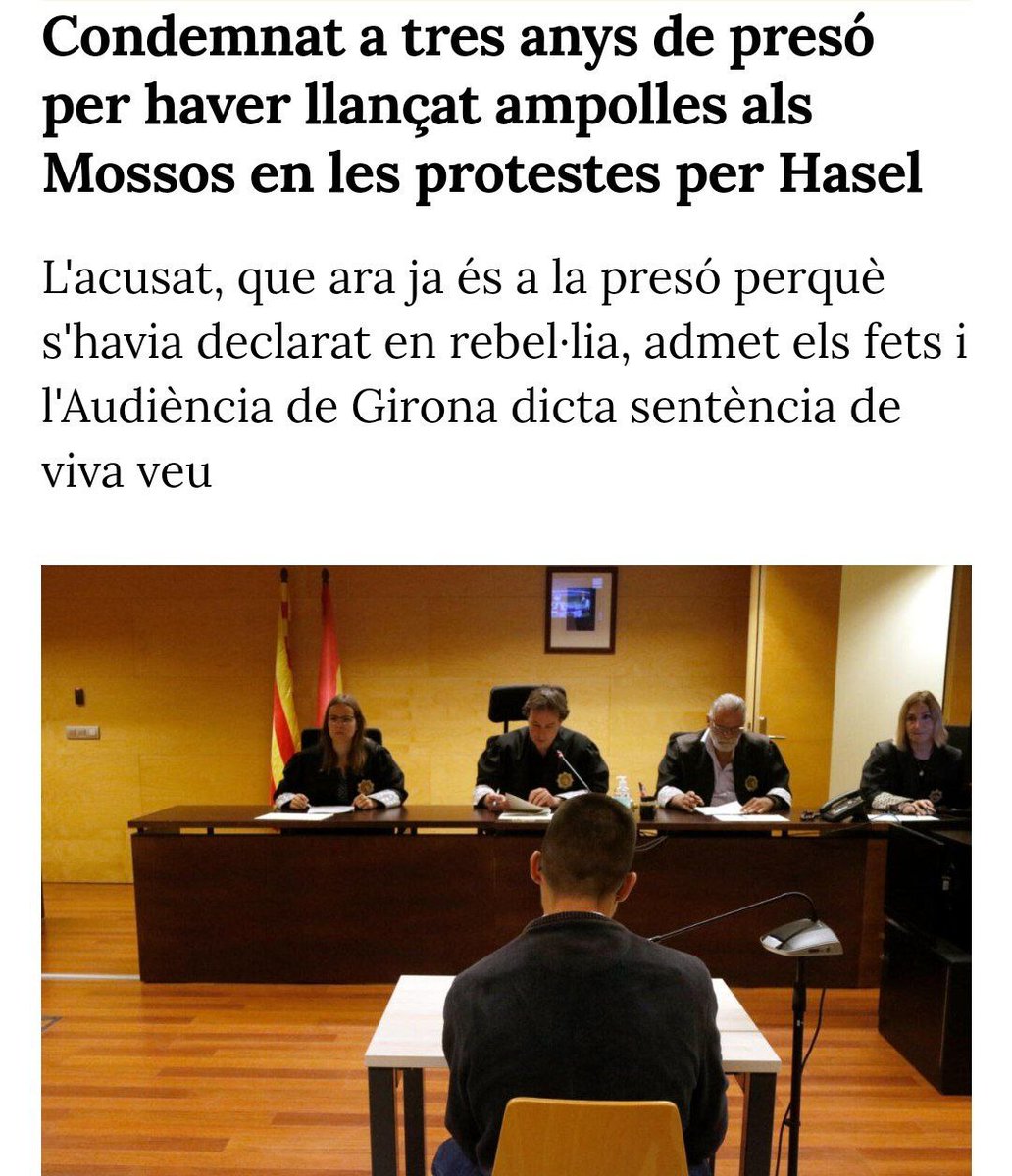 🔴 Un altre pres polític a Catalunya per manifestar-se ❗

🗣️ Un jove de Girona, ha estat condemnat a 3 anys i 1 dia per manifestar-se contra l'empresonament de Pablo Hasél.