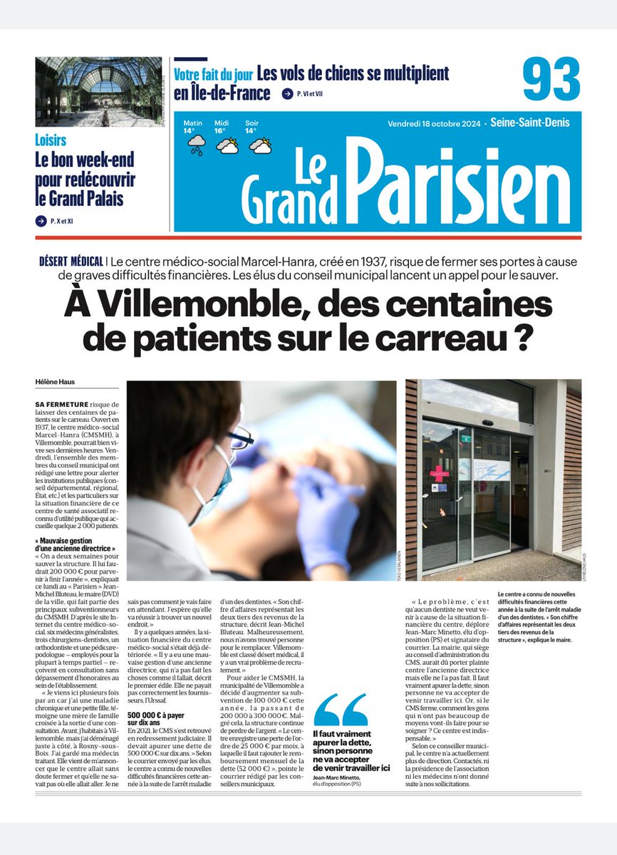 PS Villemomble (@ps_villemomble) on Twitter photo Il faut sauver le Centre Médico Social Marcel Hanra. La section <a href="/ps_villemomble/">PS Villemomble</a> se mobilise autour de <a href="/jm_minetto/">Jean-Marc Minetto</a> <a href="/PochonElisabeth/">Elisabeth Pochon</a> <a href="/ad_usquefidelis/">Alexandre</a> pour sauver le CMS institution centenaire. Près de 2000 patients sont menacés de se retrouver sans médecins. Itw de JM Minetto 👇 Il faut sauver le Centre Médico Social Marcel Hanra. La section <a href="/ps_villemomble/">PS Villemomble</a> se mobilise autour de <a href="/jm_minetto/">Jean-Marc Minetto</a> <a href="/PochonElisabeth/">Elisabeth Pochon</a> <a href="/ad_usquefidelis/">Alexandre</a> pour sauver le CMS institution centenaire. Près de 2000 patients sont menacés de se retrouver sans médecins. Itw de JM Minetto 👇