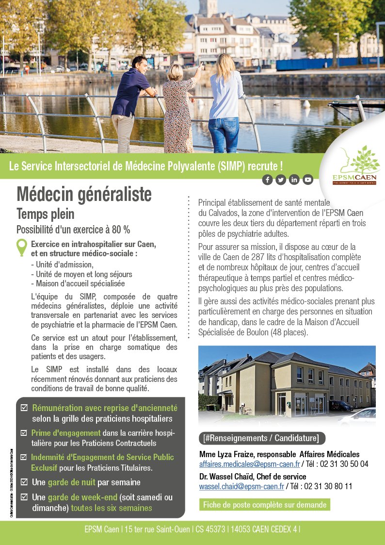 Epsmcaen's tweet image. #Médecin #généraliste, la #psychiatrie vous intéresse ?
Rejoignez notre Service Intersectoriel de Médecine Polyvalente, où 4 médecins généralistes assurent la prise en charge de la santé somatique des patients et usagers. 

👉 epsm-caen.nous-recrutons.fr/poste/qqea1k6l… 
#Caen #emploi #Normandie