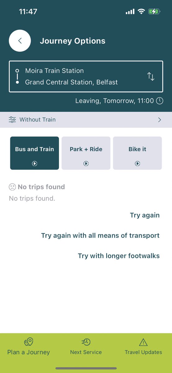 Lucy_Magee's tweet photo. @Translink_NI Thank you for your reply. Duly noted. No trips found on the app for me, but thank you for confirming 😊 in future I will check the browser. https://t.co/L7rqX2ZcYU