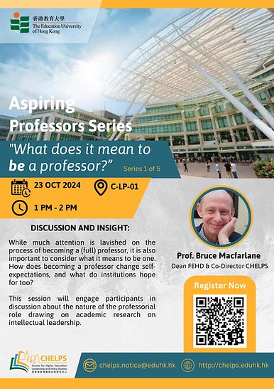 Ying Yang (@yingyan16771006) on Twitter photo #What does it mean to be a professor?
Professor Bruce Macfarlane <a href="/profbmac/">Bruce John Macfarlane</a> will kick off the first workshop of @CHELPS_EDUHK Aspiring Professors Series for this semester at 1-2 pm on 23rd October (HK Time). More details: chelps.eduhk.hk/aspiring-profe… 😃😃😃 #What does it mean to be a professor?
Professor Bruce Macfarlane <a href="/profbmac/">Bruce John Macfarlane</a> will kick off the first workshop of @CHELPS_EDUHK Aspiring Professors Series for this semester at 1-2 pm on 23rd October (HK Time). More details: chelps.eduhk.hk/aspiring-profe… 😃😃😃