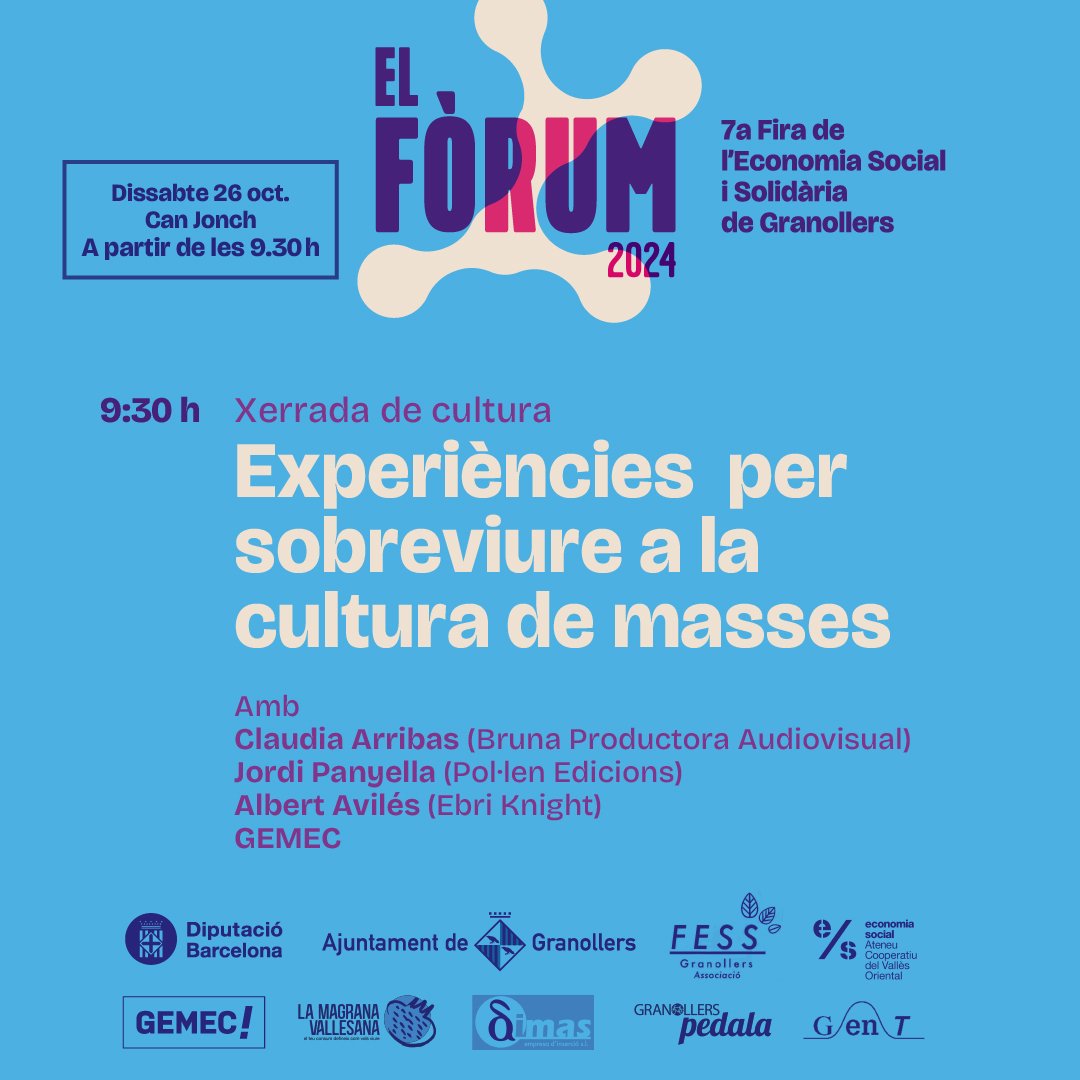 Actualitzem el programa!

Cultura: descobrirem experiències per saber com combatre, unir-se, lluitar, sobreviure... a la cultura de masses 🎵

Pendents d'una confirmació, podem anunciar que hi seran les companyes de <a href="/GEMEC_coop/">GEMEC</a> <a href="/pol_lenedicions/">pol·len edicions</a> @bruna_coop i <a href="/EbriKnight/">Ebri Knight</a> 🥳