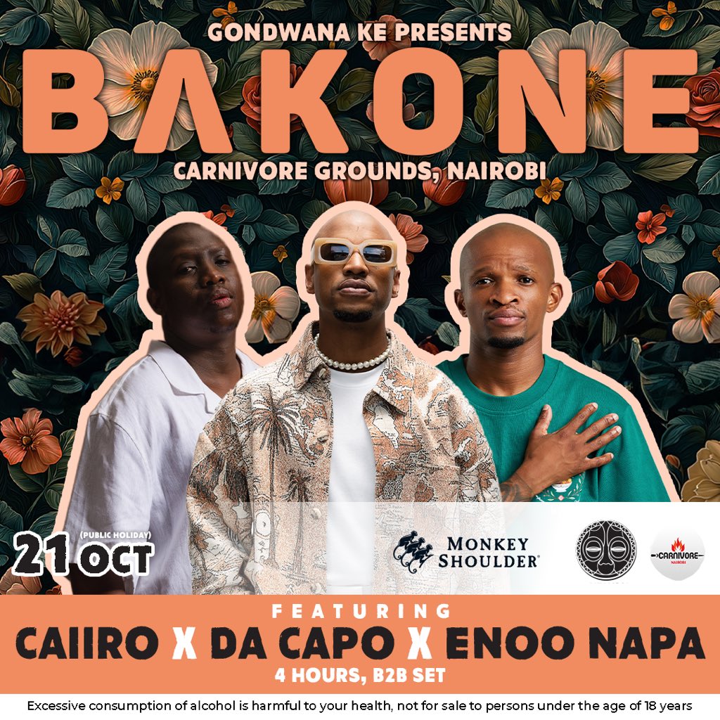 gondwana_Ke's tweet photo. Long weekend brings @wearebakone feat. @DacapoSA @CaiiroSA @enoonapa for a 4 HOUR B3B performance for the FIRST TIME IN KENYA 🇰🇪
Tickets: https://t.co/5IhpvwLYL8
Powered By: @MonkeyShoulder3 🥃 This showcase will be special
⚡️#MadeForMixing #DrinkResponsibly #WhereNext https://t.co/JtTCfXp1PD