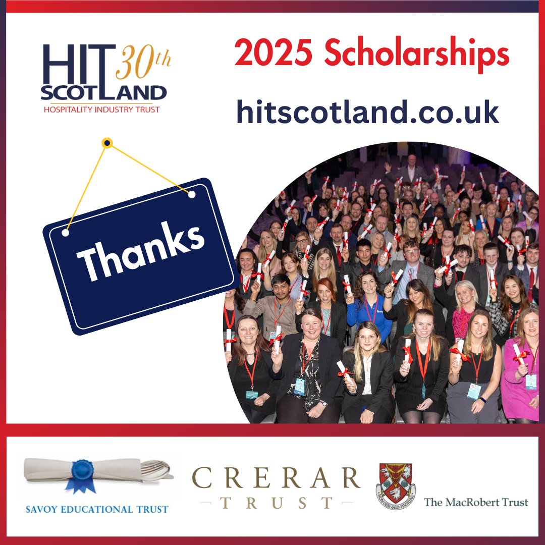 HITScotland's tweet photo. Thank you to the Savoy Educational Trust, Crerar Trust, &amp; The MacRobert Trust for their continued support for our scholarship programme, offering educational experiences in Scottish hospitality.

Check out next year’s opportunities on our website!
https://t.co/nUnTuAv6Oy https://t.co/EbLV0si4yV