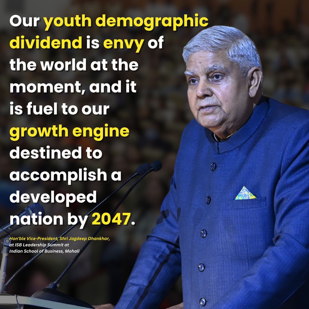 VPIndia's tweet photo. Our youth demographic dividend is envy of the world at the moment, and it is fuel to our growth engine destined to accomplish a developed nation by 2047. @ISBedu
#ISBLeadershipSummit https://t.co/1jEFMdqeyV
