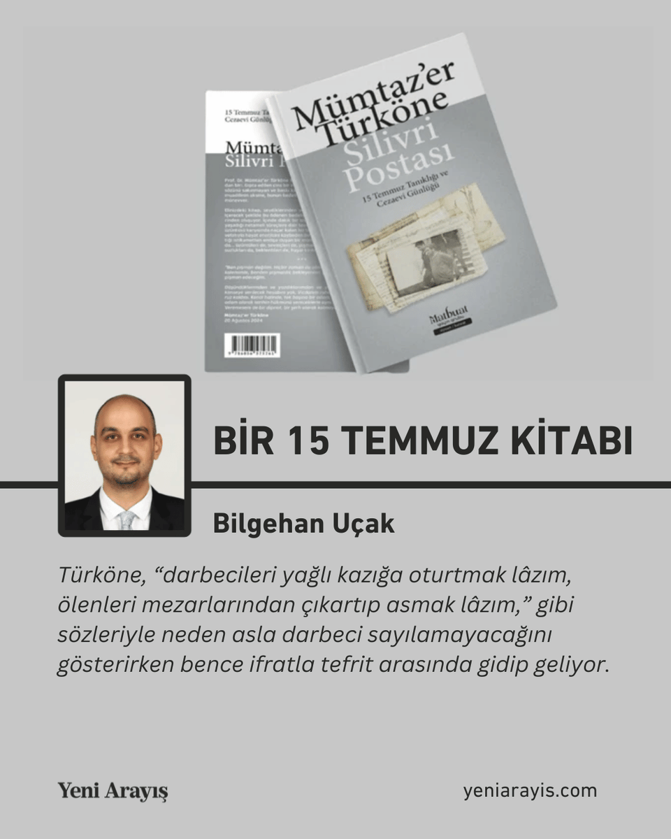 ❝ Mümtaz’er Türköne’nin Silivri Postası adlı 15 Temmuz hesaplaşması ise dört sene kadar yayımlayacak cesur bir yayıncı bekledikten sonra nihayet piyasaya çıktı. ❞

Bir 15 Temmuz kitabı

✍️ <a href="/bilgehanucak/">bilgehan ucak</a> yazdı.

Okumak için ➡️ yeniarayis.com/yazi/bir-15-te…
