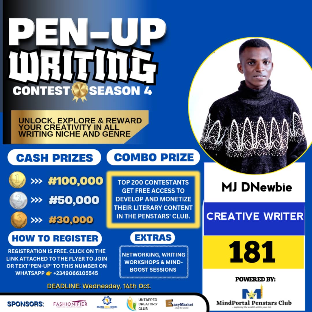 johnjoel5588's tweet photo. Name: MJ DNewbie
Contestant number: 181
Title: THE STRANGER I NEVER KNEW

A thread for the second phase of the competition

#PenupWritingContest
#MindportalPenstarsClub
#Youthie
#Wealthdome

@PenstarsClub https://t.co/Nn7pq8hgmw