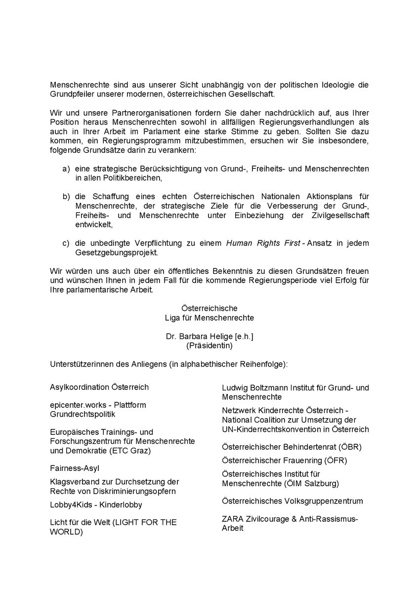 fhorntweets's tweet image. Die Österreichische Liga für Menschenrechte @Oe_Liga_MR hat mit 14 weiteren Organisationen heute einen Offenen Brief an alle Parteien versendet. Grund- Freiheits und Menschenrechte müssen in den kommenden Regierungsverhandlungen vorrangig berücksichtigt werden. #HumanRightsFirst