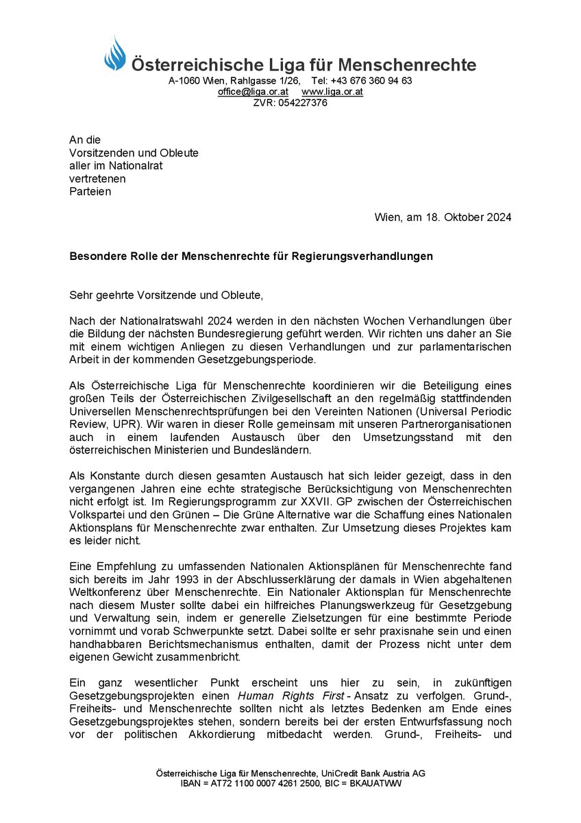 fhorntweets's tweet image. Die Österreichische Liga für Menschenrechte @Oe_Liga_MR hat mit 14 weiteren Organisationen heute einen Offenen Brief an alle Parteien versendet. Grund- Freiheits und Menschenrechte müssen in den kommenden Regierungsverhandlungen vorrangig berücksichtigt werden. #HumanRightsFirst