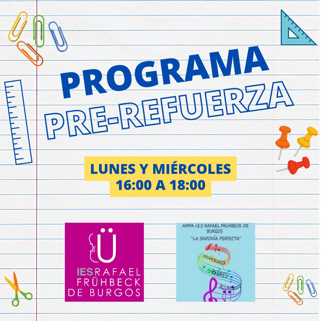 🟣 Pre-REFUERZA ha comenzado esta semana en el <a href="/IES_RFruhbeck/">IES Rafael Frühbeck de Burgos</a>. 
ℹ️ Este programa, financiado por la <a href="/AmpaRafaelFB/">AMPA IES Rafael Frühbeck De Burgos</a>, se enfoca en reforzar contenidos básicos y hábitos de estudio en Lengua y Matemáticas. 
👉 Participa alumnado de 1º y 2º de ESO propuesto por sus equipos docentes.